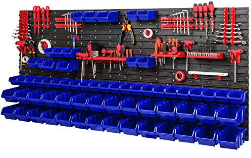 PAFEN Lagersystem Werkstattregal 1728 x 780 mm - Wandregal mit Werkzeughalterung und 64 Blau Stapelboxen - Wandplatten Schüttenrega