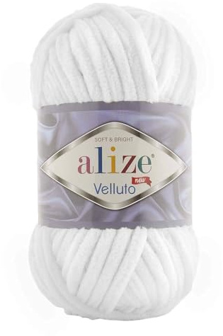 Alize 5 x 100 g Velluto Wolle 500 Gramm super Bulky Chenillegarn,Kuschelweich 100g, Kissen Babydecke etc (weiß 55)