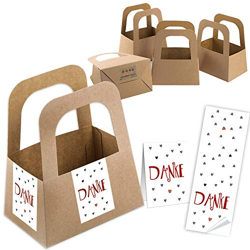 Logbuch-Verlag 5 kleine Körbe aus Kraftpapier mit Boden & Henkel + 10 DANKE Aufkleber mit Herzen - Dankesgeschenk verpacken