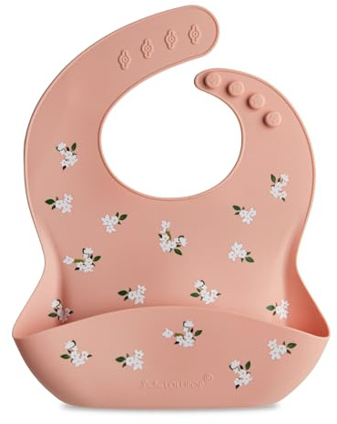 Loulou Lollipop Soft, Waterproof Silicone Feeding Bib For Babies And Toddlers 3 To 36 Months, Easy To Clean, Adjustable Fit And Catch All Pouch White Flower
