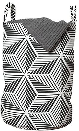 ABAKUHAUS Abstrakt Wäschesack, Dreiecksformen Stripes, Wäschekorb mit Griffen Kordelzugverschluss für Waschsalons, 33 cm breit x 49 cm hoch, Dunkelgrau und Weiß