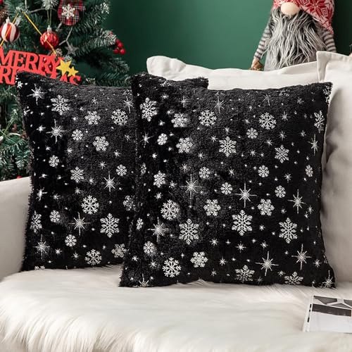 MIULEE 2er Set Kissenbezüge Weihnachten Kuschelkissen Flauschig Schneeflocken Dekokissen Sofakissen Plüschkissen Fellkissen Couchkissen Kissenhülle Zierkissenbezug für Wohnzimmer 40x40 cm Schwarz