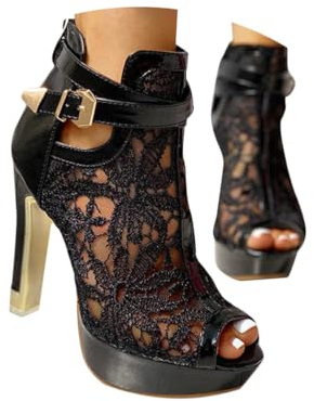 Minetom Sandalen Damen Pumps Schuhe Lace Hohl Blockabsatz High Heels Open Toe Sandalen Abend Party Braut Sommerschuhe