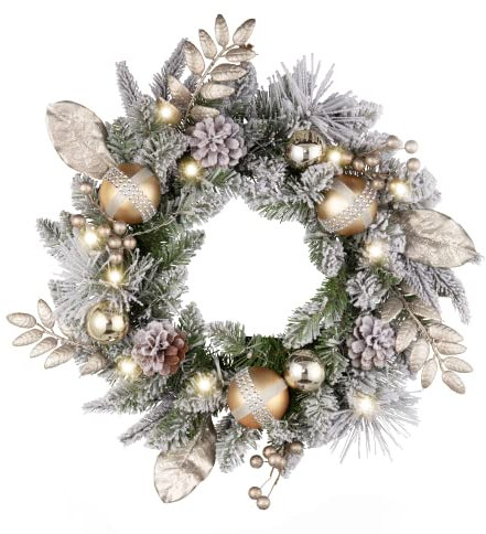 Valery Madelyn 46cm/18 Zoll Weihnachtskranz türkranz, haustür groß weihnachtskranz Weiß Gold, Adventskranz mit 20 Beleuchtung Tannenzapfen Weihnachtskugeln für Weihnachtsdeko Feste Advent