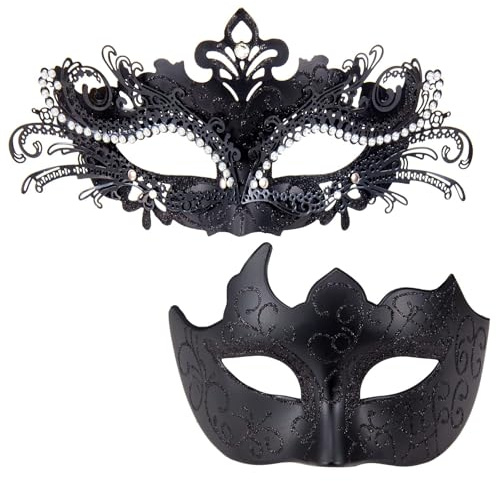 MYSEUNI Schwarze Maskerade für Paare - Glänzende Strass Venezianische Maske - Halloween Party Karneval