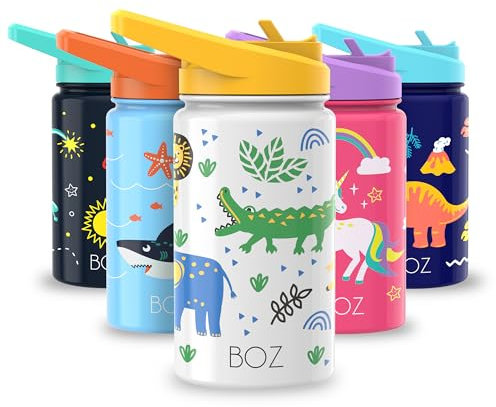 BOZ Botella Agua Niños con Pajita - Botella Agua Acero Inoxidable 414 ml, Botella Térmica Aislamiento Doble Pared Sin BPA, Botella Isotérmica Antiderrame con Asa Apta para el Lavavajillas (Safari)