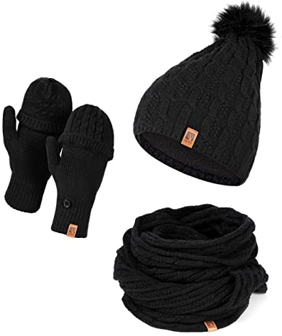HEYO Mütze Schal Handschuh Set für Damen | Gefütterte Wintermütze mit Kunstfellbommel | Großer Loop Schal | Gestrickte Finger/Fingerlose- Winterhandschuhe für Touchscreen (Schwarz)