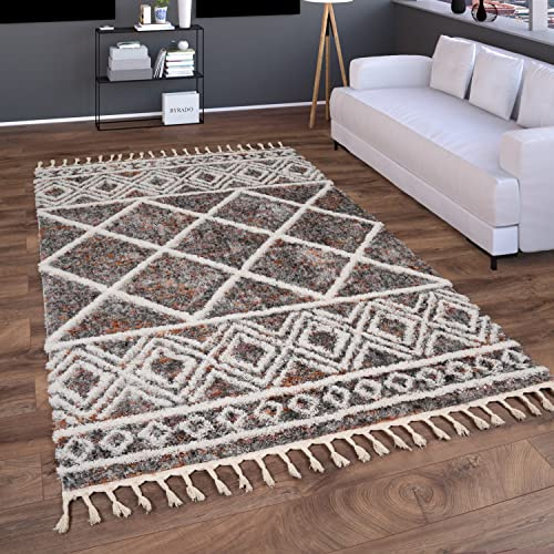 Paco Home Hochflor Teppich Wohnzimmer Schlafzimmer Shaggy Boho Modern Skandinavisch Geometrisches Rautenmuster Fransen, Grösse:200x280 cm, Farbe:Bunt 4