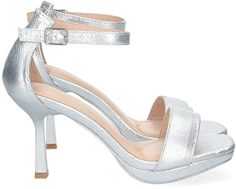 shoes&blues.es 70497-Sandalia de Tacon Fino para Mujer, Comodo, con Pala Simple, y Cierre de Hebilla, Primavera Verano 2023. Talla 39 Plata