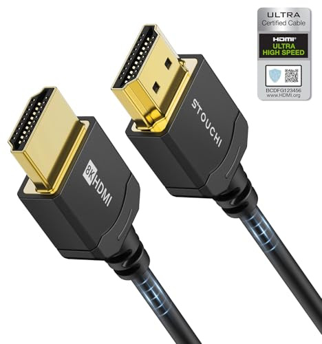 Stouchi Câble HDMI Stouti ultra-fin de 2 m, compatible 8K, 10K, 8K120, 4K120, 144 Hz, eARC, HDR10, 4:4:4, HDCP 2.2 et 2.3, Dolby, HDMI 2.1. Compatible PS5, Xbox et LG.