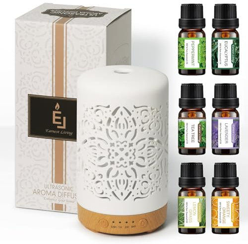 Earnest Living Ätherisches Öl Diffusor Geschenkset Weiß Keramik Diffusor 100ml & Ätherisches Öl Set Timer Nachtlichter Auto Off Funktion Home Office Luftbefeuchter Aromatherapie Diffusoren für