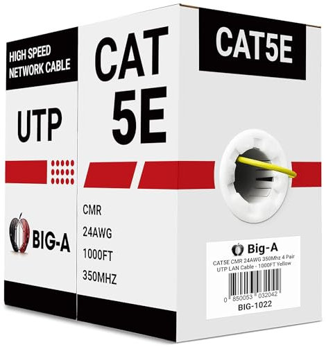 BIG-A - Bulk Cat5e Cable 24AWG Solid 4 Pair Cat5e Ethernet Cable 1000ft, Unshielded Twisted Pair (UTP), 350MHz Internet Cable, Pull Box - Yellow