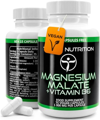 Magnesium Malat Vegan Kapseln und Vitamin B6 – 1000mg | 150mg Elementares Magnesium Malate mit Vit B6 – 75 Stück (2+ Monatsvorrat) an Schnell Auflösende Kapseln, mit je 150 mg Mineral Pulver