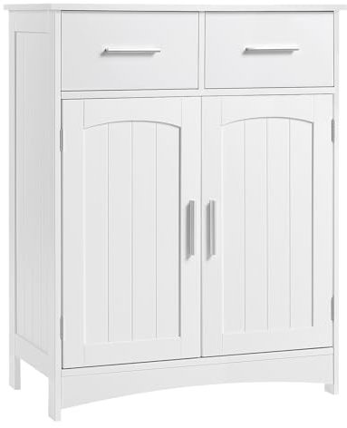 EUGAD Armadietto da Bagno, Mobile per Bagno Salvaspazio, Mobiletto da Terra con 2 Cassetti e Armadietto a 2 Ante con Ripiano Regolabile, Armadio in Legno, Bianco, 60x30x76 cm