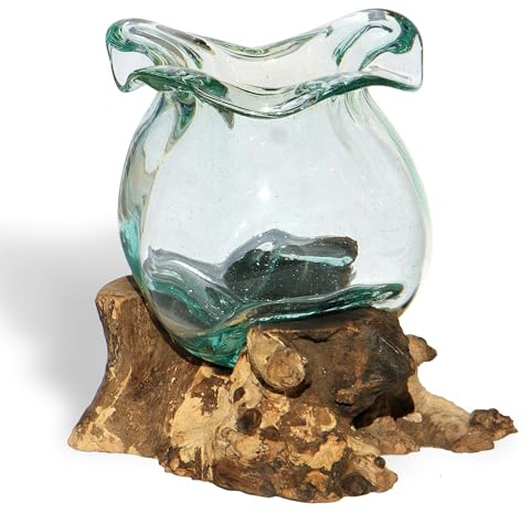 Geschenk Idee Dekoration Wohnung Gamal Wurzel Holz Glas Vase Teakholz Handarbeit Vase (Pott Mgl)