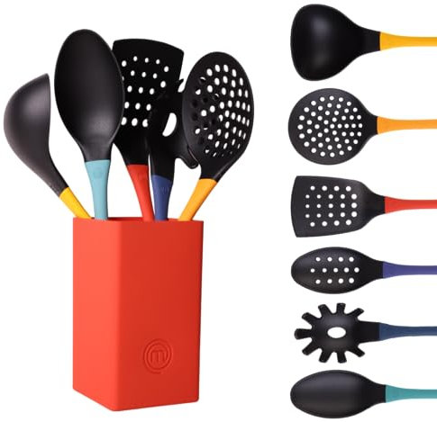 MasterChef Utensilios de Cocina con Soporte, Espatula, Cazo para Sopa, Espumadera y Cucharon, Resistentes al Calor, Set Menaje, Accesorios Antiadherente, Multicolores