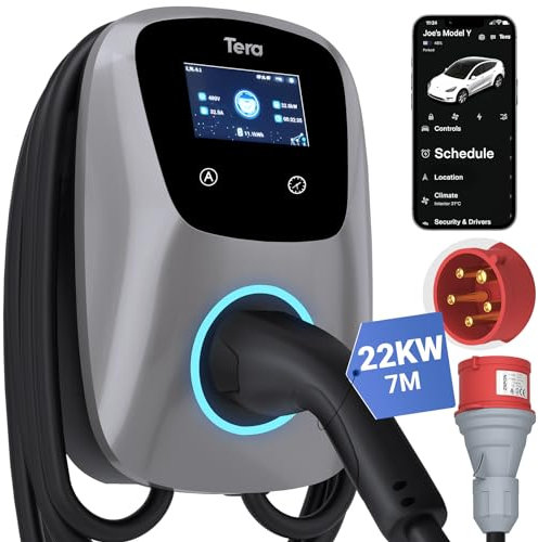 Tera EV Caricabatterie con Smart App 32A Tipo 2 22kW 400V CE e TUV Wallbox Cavo di Ricarica 7 Metri Staffa Caricabatterie Controllo Applicazione&Spina trifase CEE - Argento W01