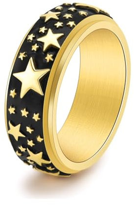 Aotiwe Memoire Ring, Freundschaftsringe Dünn Pentagramm Drehbar Gold Schwarz aus Edelstahl Größe 65 (20.7)