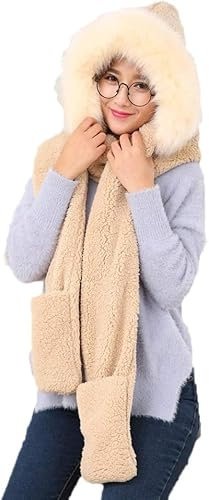 Zipits Nwlzx 3-in-1 Damen Kapuzenschal mit Fäustlingen, Neckwarmer Hoodie Tasche，Winter Super Weichem Plüsch Volle Haube Warm Thermal Fleece Hüte mit Ohren, Tasche, Schal (Khaki)