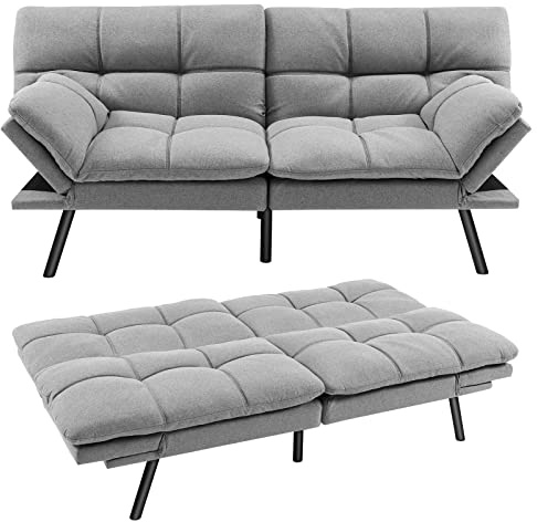 COSTWAY Sofá Cama de 3 plazas, Futón Convertible de Espuma Viscoelástica con Respaldo y Reposabrazos Ajustables, Moderno Sillón Cama Plegable para Espacios Compactos, Hogar, Oficina (Gris)