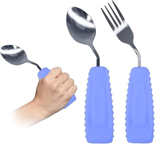 Ehucon Utensilios adaptativos, cubiertos en ángulo pesados, ayuda para Parkinson, juego de cuchara y tenedor curvados antideslizantes de fácil agarre para temblores, discapacitados, discapacitados,