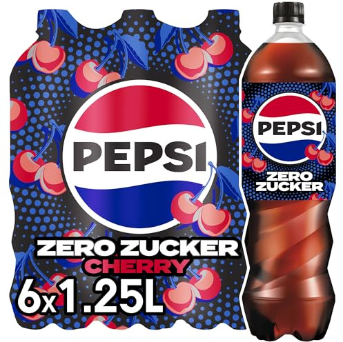 pepsi Zero Zucker Cherry, Das zuckerfreie Erfrischungsgetränk von Pepsi ohne Kalorien, Koffeinhaltige Cola mit Kirschgeschmack in der Flasche, EINWEG (6 x 1.25 l) (Verpackungsdesign kann abweichen)