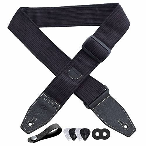 YIKOKO Gitarrengurt 5,1 cm Cord, Gitarrengurte mit Vollnarbenlederende, für Bass-, Elektro- und Akustikgitarren, kostenloser Gurtknopf, 2 Gurtschlösser und 4 Gitarrenplektren