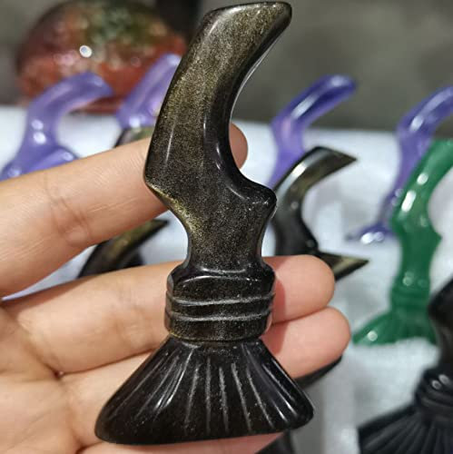 UYCUODLUY Cristales y Piedras Obsidiana de Oro Natural Tallada Escoba Mágica Estatuilla de Cuarzo Decoración de Halloween Adorno Feng Shui Bruja Regalo PEIQIYIN