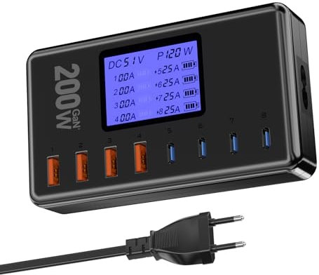 Chargeur USB C 200W,Chargeur Rapide avec 4 Ports de Chargeur Type C et de 4 Ports de Chargeur USB,Chargeur USB Multiple Prend en PD/PPS/QC,Station de Charge pour iPhone 16,Samsung,Pixel,iPad,etc.