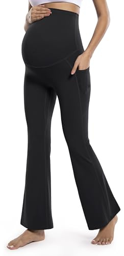 POSHDIVAH Women's Maternity Flare Leggings Over The Belly Pregnancy Workout Active Yoga Lounge Bootcut Pants with Pockets Black Large