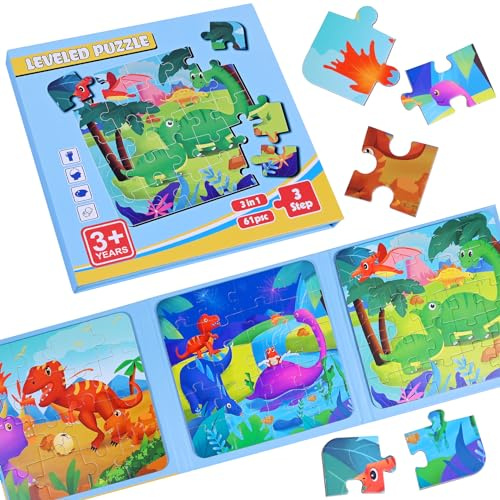 Magnetpuzzle für Kinder 61 Teile | Dinosaurier Lernspielzeug & Reisespiele ab 3 Jahre | Für Flugzeug & Roadtrip Geschenk
