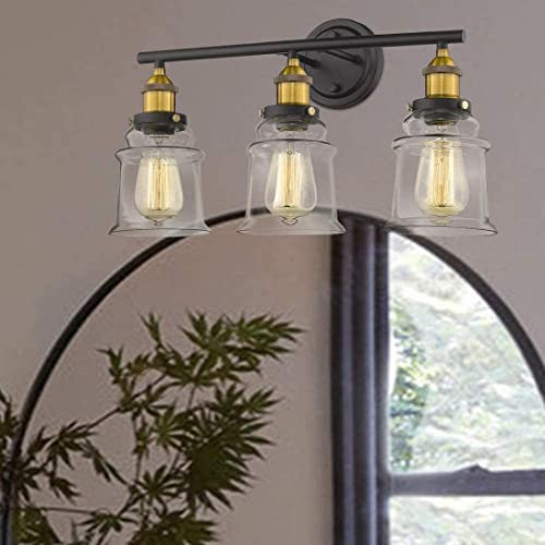 Wall Sconce Lamp Vintage Industry 3-Light Bathroom Vanity Fixture, with Glass Shade Brass Black Fitting Edison E27 Bulb, for Kitchen Dressing Table Mirror Living Room Décor