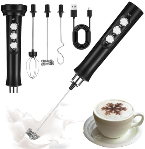 FAOKZE Elektrischer Milchaufschäumer mit Drei Quirl, USB Wiederaufladbar Milchschäumer Schneebesen, Handheld Milk Frother Edelstahl Aufschäumer für Kaffee/Latte/Cappuccino/Heiße Schokolade/Matcha