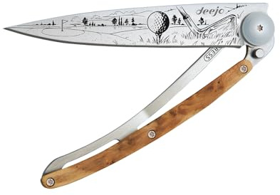 deejo – Klappbares Taschenmesser 37 g mit Gürtelclip – Griff aus Wacholderholz, Klinge aus Edelstahl Z40C13 – Motiv Golf – Tischmesser, Wandern, Camping