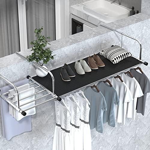 Wäscheständer für den Balkon, ausziehbarer Wäschetrockner, wandmontierter Wäscheständer, faltbarer Wäscheständer aus Edelstahl, für Sicherheitsfenster, Geländer, Fenster, Heizkörper, Silber 60–106 cm