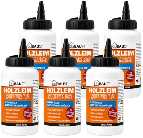 6x dubaust WOD24 Schnelltrocknender D3 Holzleim, wasserfest, für Hartholz und Weichholz, weiss - nach dem Aushärten transparent 500g Flasche