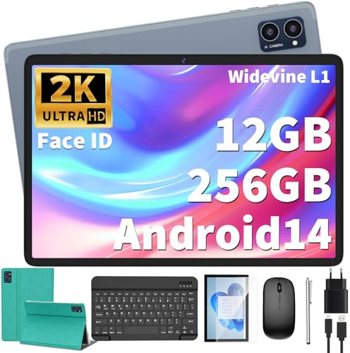 JJGJ Android Tablet mit Tastatur,10 Zoll Android 14, 12GB+256GB, 1TB Expand, mit 2K Display, 8-Core, 7000mAh, 5G WiFi, 13MP+5MP Kamera, 2 in 1 Tablet mit Tastatur, Maus, Stylus(Grün)