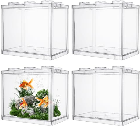 LOYORTY 4PCS Plastic Small Betta Fish Tank, 0.6 Gallon Stackable Fish Bowl, Cube Fish Aquarium Tank for Shrimp, Turtle, Small Crab (Clear)