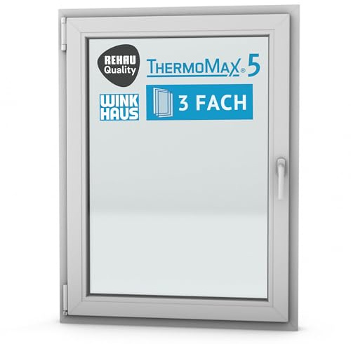 ThermoMax 5 Classic Kunststoff-Fenster, Uw-Wert 1,2, BxH: 90x120cm / 900x1200mm, DIN links (Griff rechts), mit 3-fach Wärme-Isolier-Verglasung, Winkhaus Sicherheitssystem & Rehau Profil
