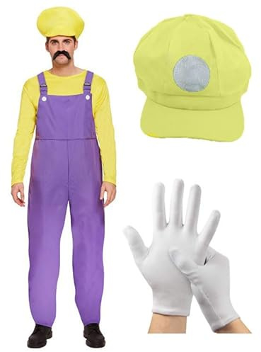 Herr Super Mario fin klänning outfit skurk rörmokare overaller videospel karaktär - kostym, hatt med logotyp och korta vita handskar (waro-kostym, hatt och handskar (gul))