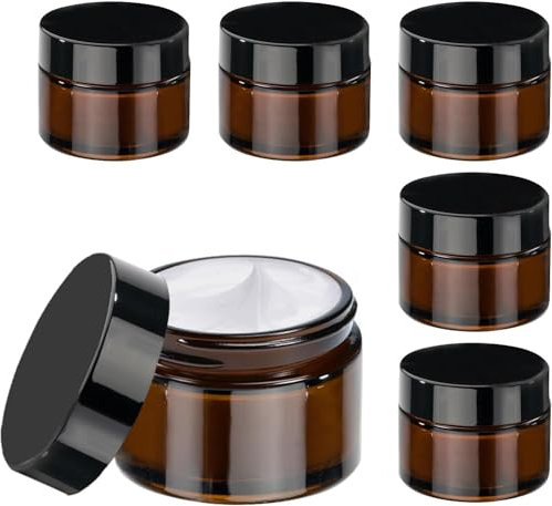 50ml Amber Glass Jars 6Pcs, Cosmetic Jars with Lids Lotion Container, Empty Glass Pots Face Cream Lotion Storage Jar for Make Up, Sample, Travel Use