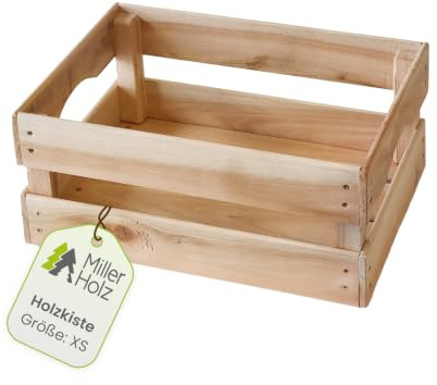 Miller Holz Stapelbare Holzkisten - Vielseitige Aufbewahrung - Nachhaltig, handgefertigt, robust - Für Innen & Außen - Obstkiste, Dekokiste, Kartoffelkiste (Natur, XS)