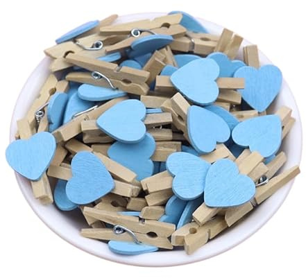 Rockreyoa Mollette in legno a forma di cuore, piccole unghie a forma di cuore, mini mollette in legno a forma di cuore, piccole mollette decorative, in legno, piccole mollette decorative, colore blu,