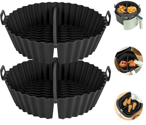YYTECH 20 cm, stampo rotondo in silicone, 2 pezzi, accessorio per airfryer riutilizzabile, colore nero, friggitrice ad aria calda, con divisori per microonde, forno, friggitrici