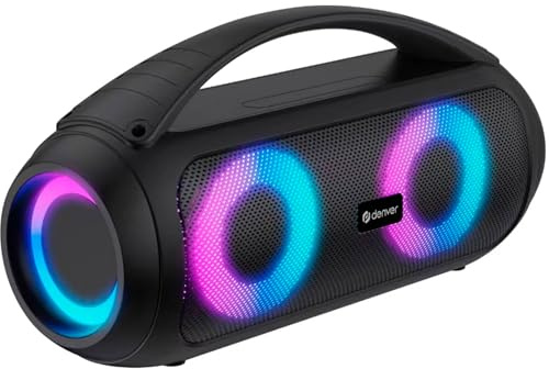 Denver Musik Box Bluetooth Lautsprecher – Musikbox Bluetooth mit Lichteffekten, USB & MicroSD, AUX, FM Radio, Wasserdicht IPX4, Tragbar mit Akku, 2x100W Max Stereo Sound