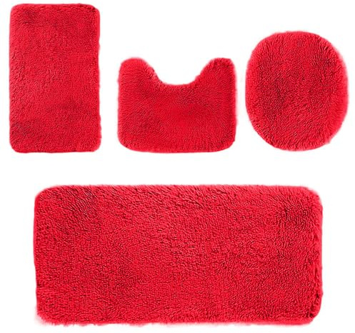 Heavyoff Badematte Set 4 teilig, Waschbar Badezimmerteppich, rutschfeste Badematte Toilettenmatte,Weich Saugfähige Badteppiche und WC Vorleger Duschvorleger, Rot