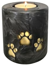Urne Hund Urne Katze aus Glas mit Pfotenabdruck – Handdekorierte Gedenkkerze – Ascheurne für Haustiere – Farben: Schwarz-Gold oder Gold-Schwarz – Höhe: 9 cm oder 13 cm (Schwarz-Gold, Höhe: 9 cm)