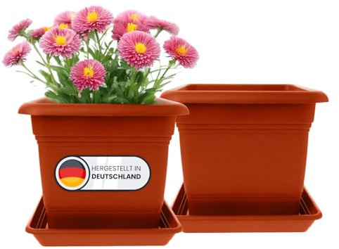 Set di 2 fioriere grandi per esterni, 40 x 40 cm, 46 litri, vaso per piante con sottovaso, vaso in plastica, vaso per fiori, vasi per fiori, made in DE, terracotta