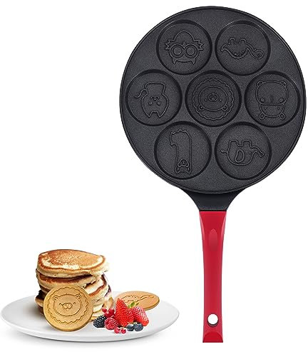 Qusedwey Pancake Maker - Non-Stick Pancake Pan Griddle Grill Pan Mini Crepe Maker 7-Mold Pancakes with Silicone Handle, Black Animal
