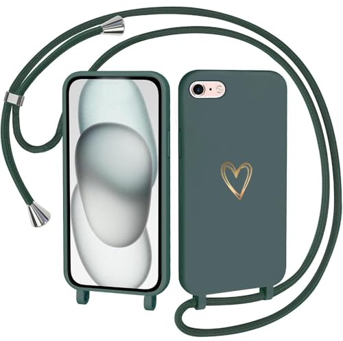 CaseLover Handyband kompatibel mit iPhone 16e/17e Hülle mit Band, Grün | Herz Muster, Silikon Necklace Handyhülle mit Abnehmbar Kordel zum Umhängen, Stossfest Bumper Handy Schutzhülle Case 6.1